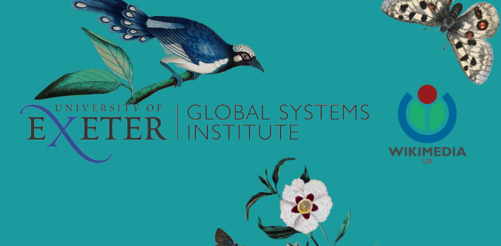 Logos of uni of Exeter, GSI and Wikimedia UK surrounded by birds, flowers and butterflies