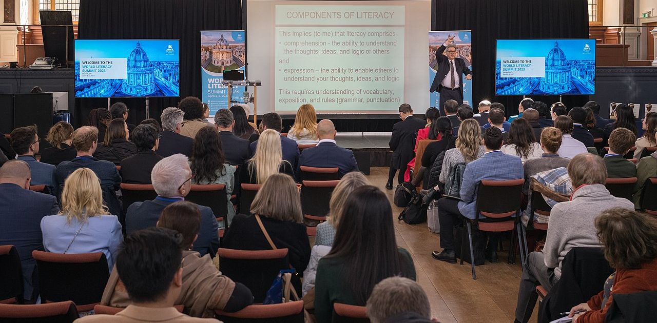 James Cochran, Professor of Applied Statistics at the University of Alabama, presenting at the World Literacy Summit 2023 in the Sheldonian Theatre in Oxford, UK, on April 3, 2023.