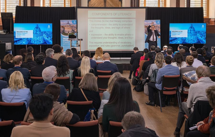 James Cochran, Professor of Applied Statistics at the University of Alabama, presenting at the World Literacy Summit 2023 in the Sheldonian Theatre in Oxford, UK, on April 3, 2023.