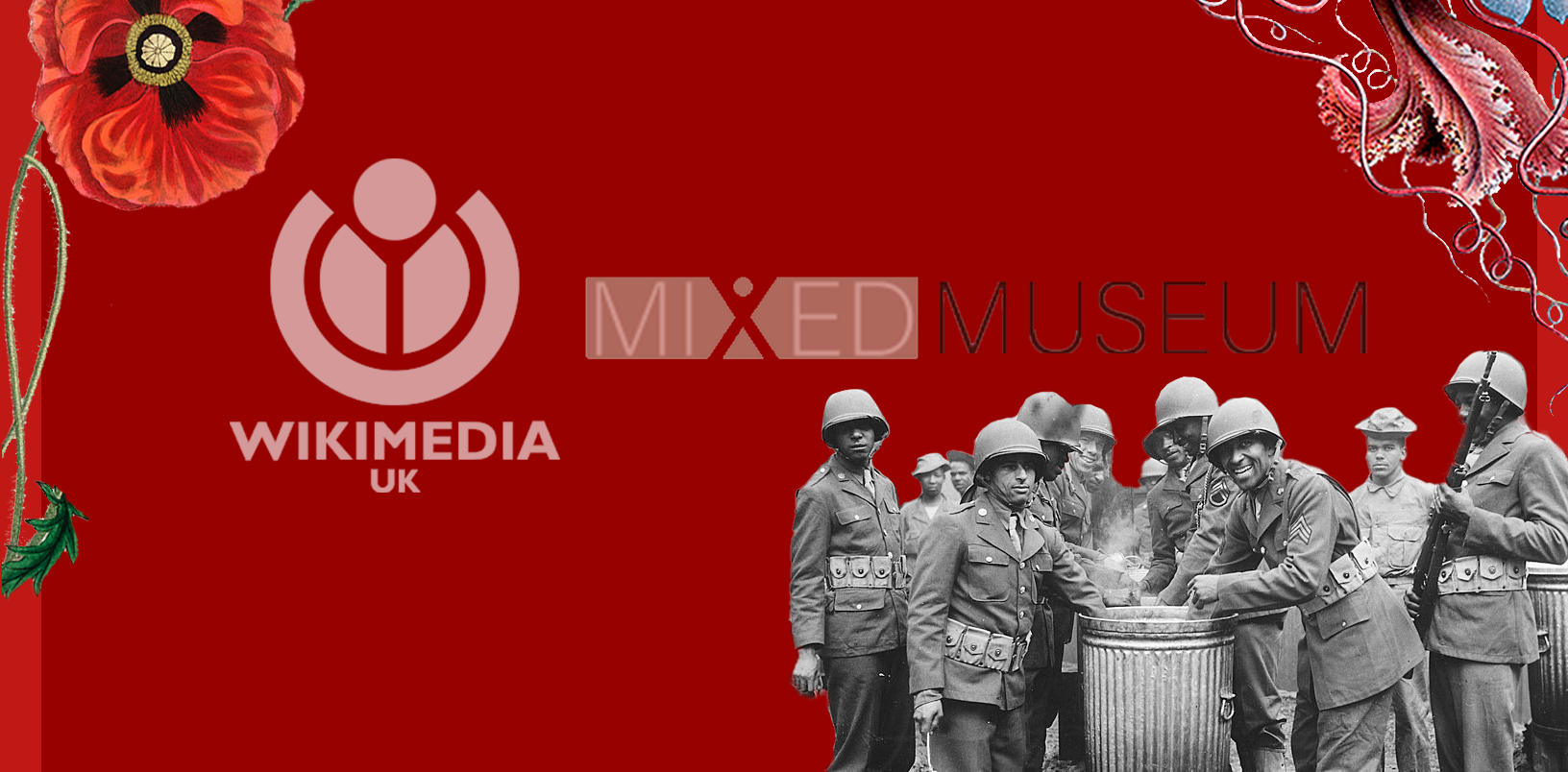 Wikimedia UK and The Mixed Museum logos surrounded by an image from the museum of black GIs WW2 stationed in Ireland, and Illustration from Medical Botany, and Haeckel Discomedusae 8 cleanup