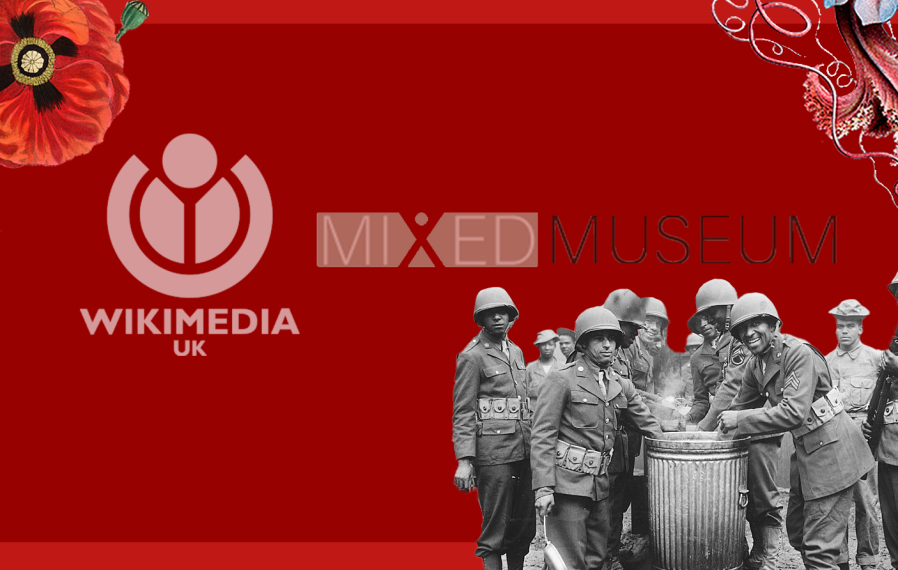Wikimedia UK and The Mixed Museum logos surrounded by an image from the museum of black GIs WW2 stationed in Ireland, and Illustration from Medical Botany, and Haeckel Discomedusae 8 cleanup