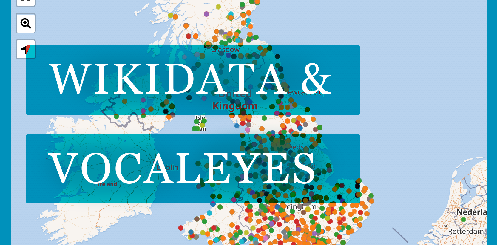 Screenshot of the VocalEyes Wikidata entries, with text saying Wikidata & VocalEyes overlaid.