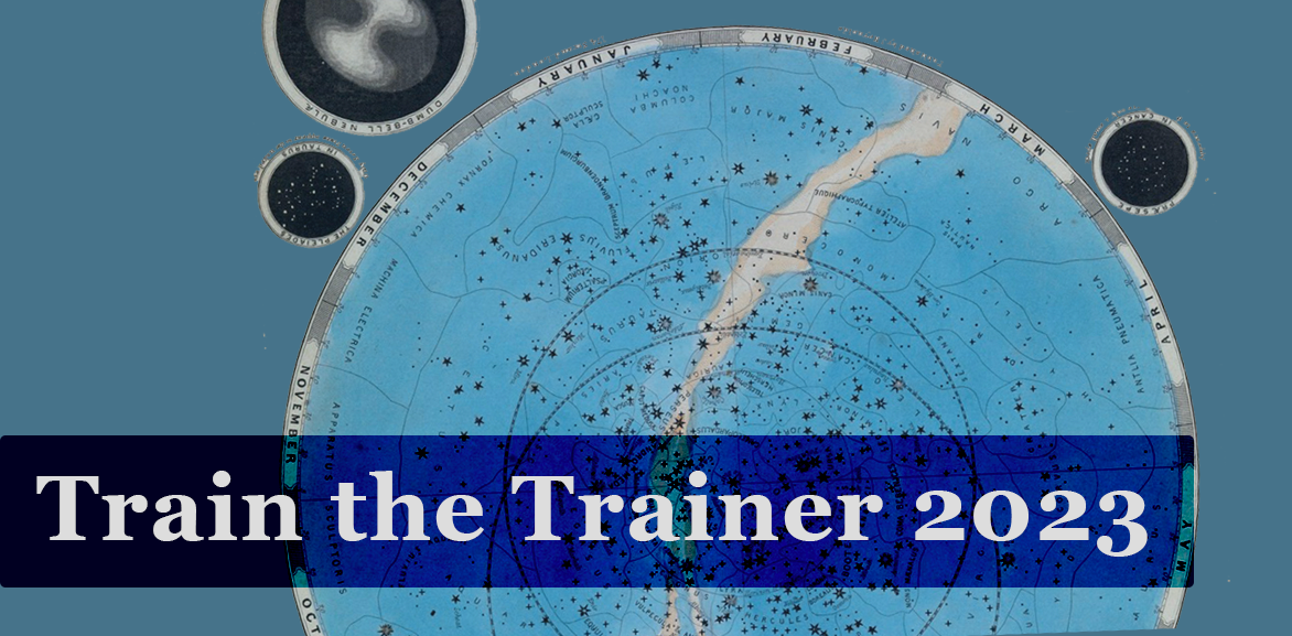 Train the trainer 2023 text over an image of a star chart on a blue background