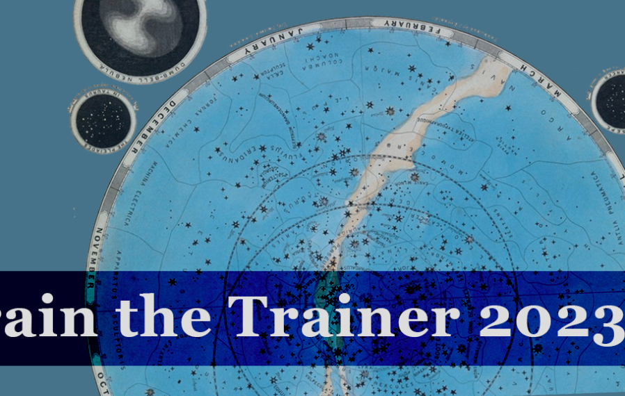 Train the trainer 2023 text over an image of a star chart on a blue background