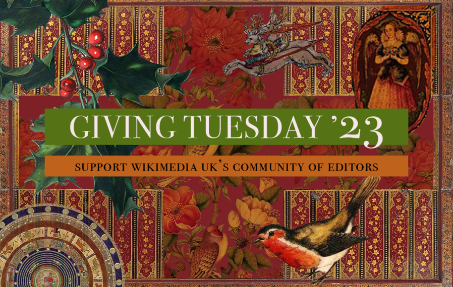 text reading 'Giving Tuesday 23. Support Wikimedia UK's community of editors'. Red patterned background with holly, reindeer, robin, angel and flowers.