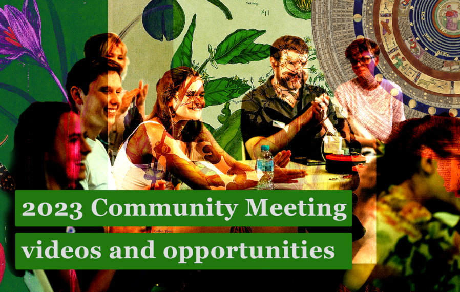 Photo of a group of people at the 2022 Community Festival, collaged green toned images from Wikimedia Commons with text overlaid reading: 2023 Community Meeting videos and opportunities