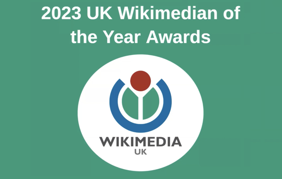 White text reading: 2023 UK Wikimedian of the Year Awards, with Wikimedia UK's logo beneath on a green background