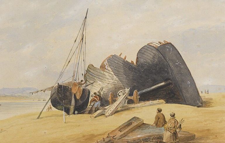 A watercolour painting of a shipwreck being salvaged for parts on a sandy beach.