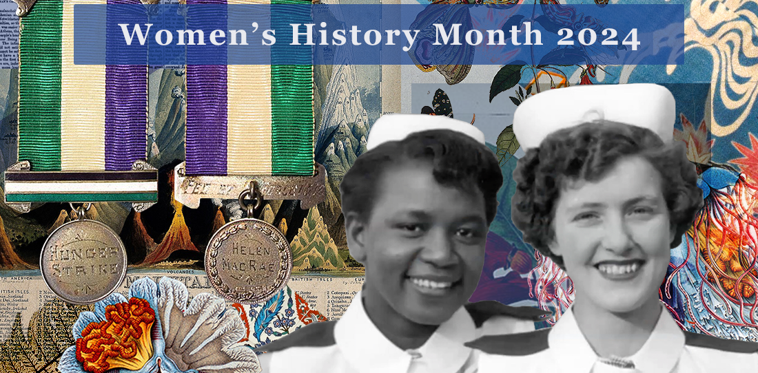 Collage of images featuring a photograph of nurses and the hunger strike medal.