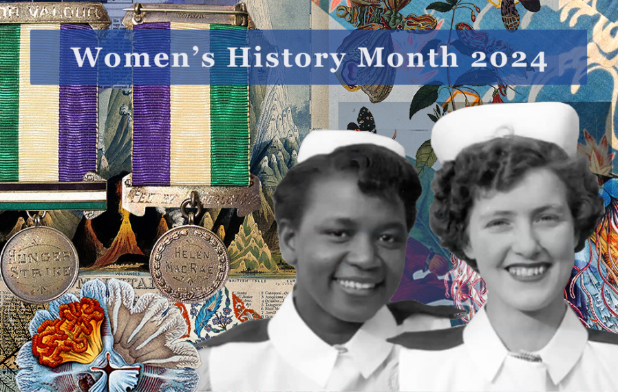 Collage of images featuring a photograph of nurses and the hunger strike medal.