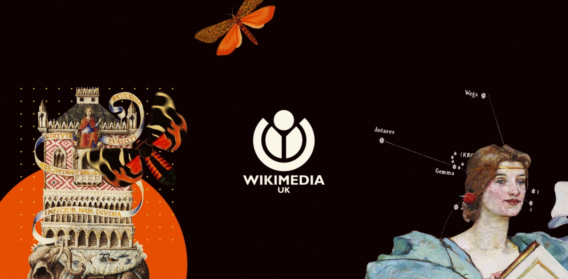 Still from the introduction to Wikimedia UK animation. Featuring the WMUK logo in white with images from Wikimedia Commons including a fantastical illustration of an elephant carrying a building on its back, illustrations of butterflies and a portrait painting of a woman in a blue dress.