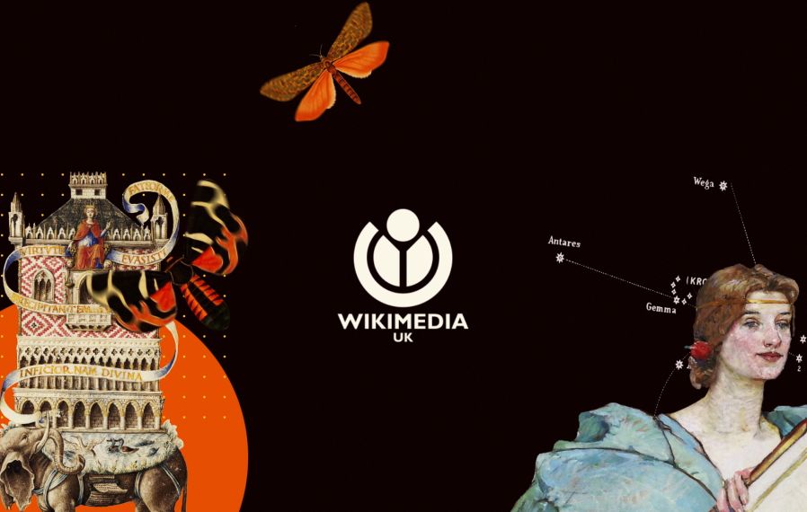 Still from the introduction to Wikimedia UK animation. Featuring the WMUK logo in white with images from Wikimedia Commons including a fantastical illustration of an elephant carrying a building on its back, illustrations of butterflies and a portrait painting of a woman in a blue dress.
