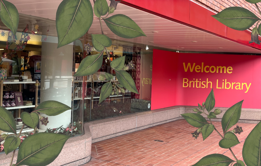 Photograph of the front of the British Library with illustrations of a leafy green plant overlaid on top