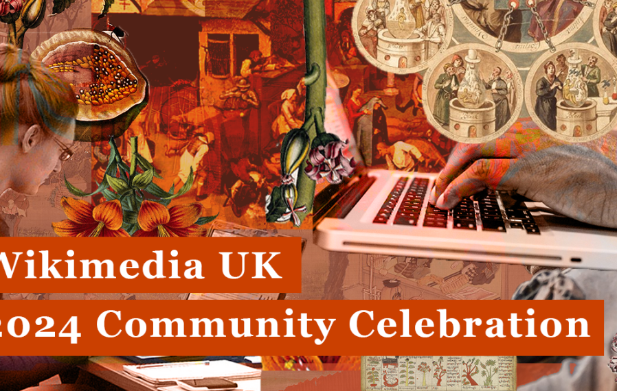 Collage of red toned images from Wikimedia Commons, mostly illustrations with two photos of people typing.