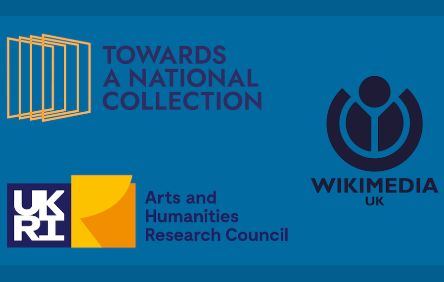 Logos for Towards a National Collection, the Arts and Humanities Research Council and Wikimedia UK on a blue background