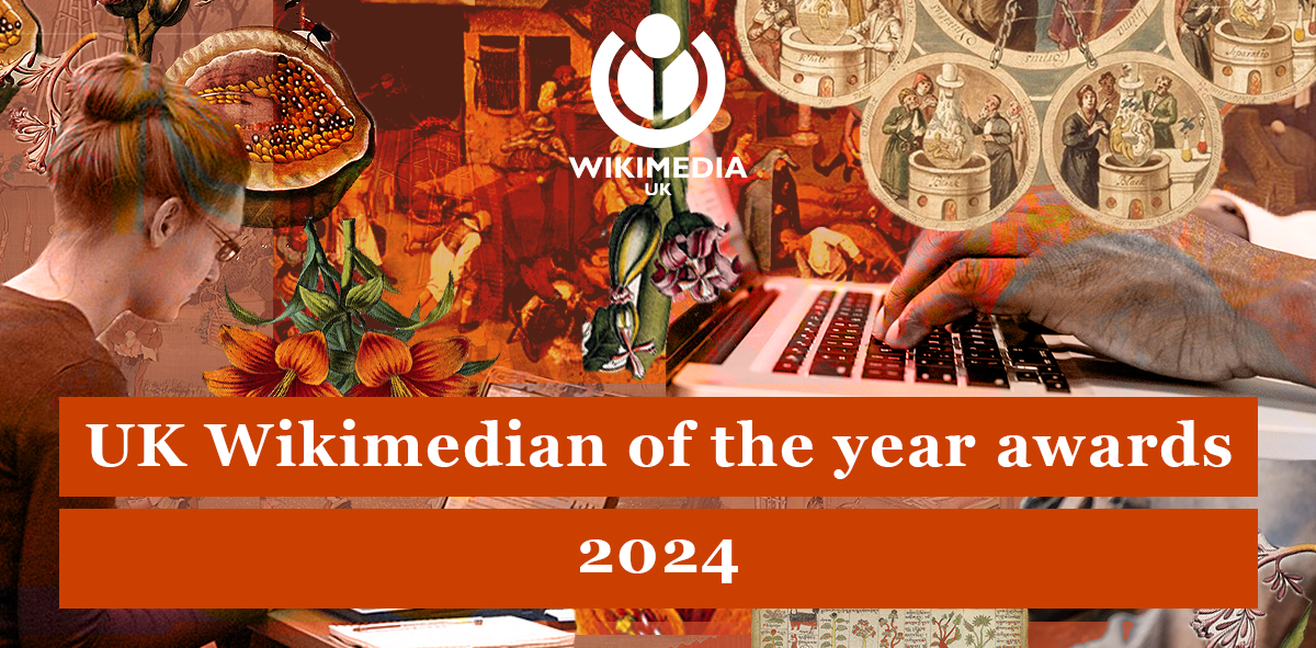 Collage of red toned images from Wikimedia Commons with white text overlaid reading: 'UK Wikimedian of the year 2024'
