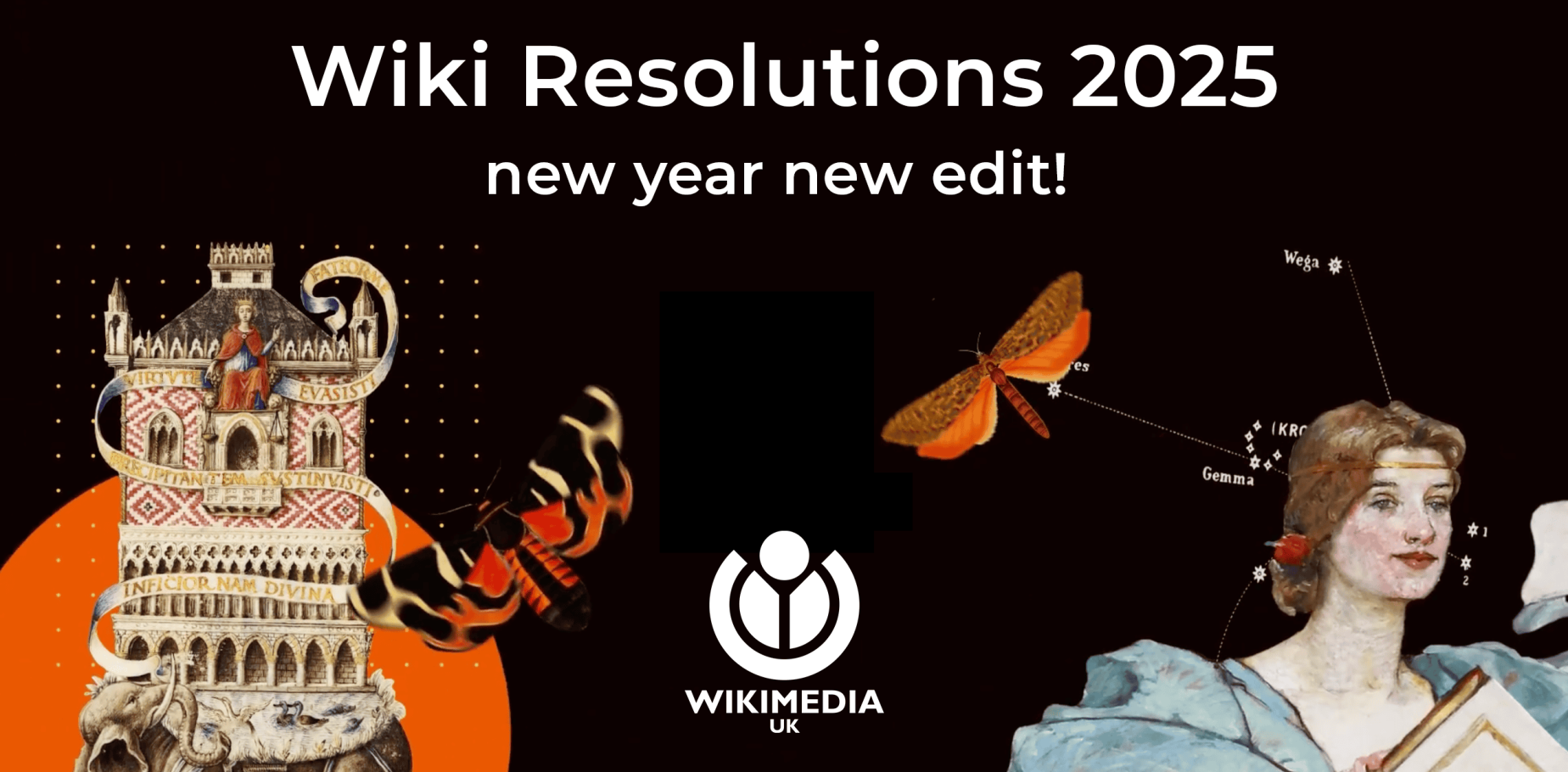 Black banner with white text reading: Wiki Resolutions 2025, new year new edit! Accompanied by images from Wikimedia Commons of butterflies, an illustration of an elephant and a painting of a woman.
