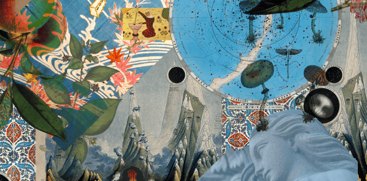 Collage of images in blue from Wikimedia Commons