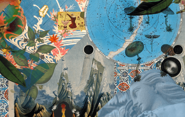 Collage of images in blue from Wikimedia Commons