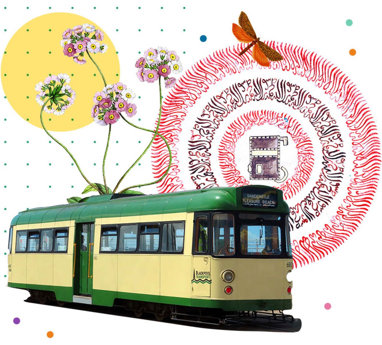 A collage with a tram and flowers