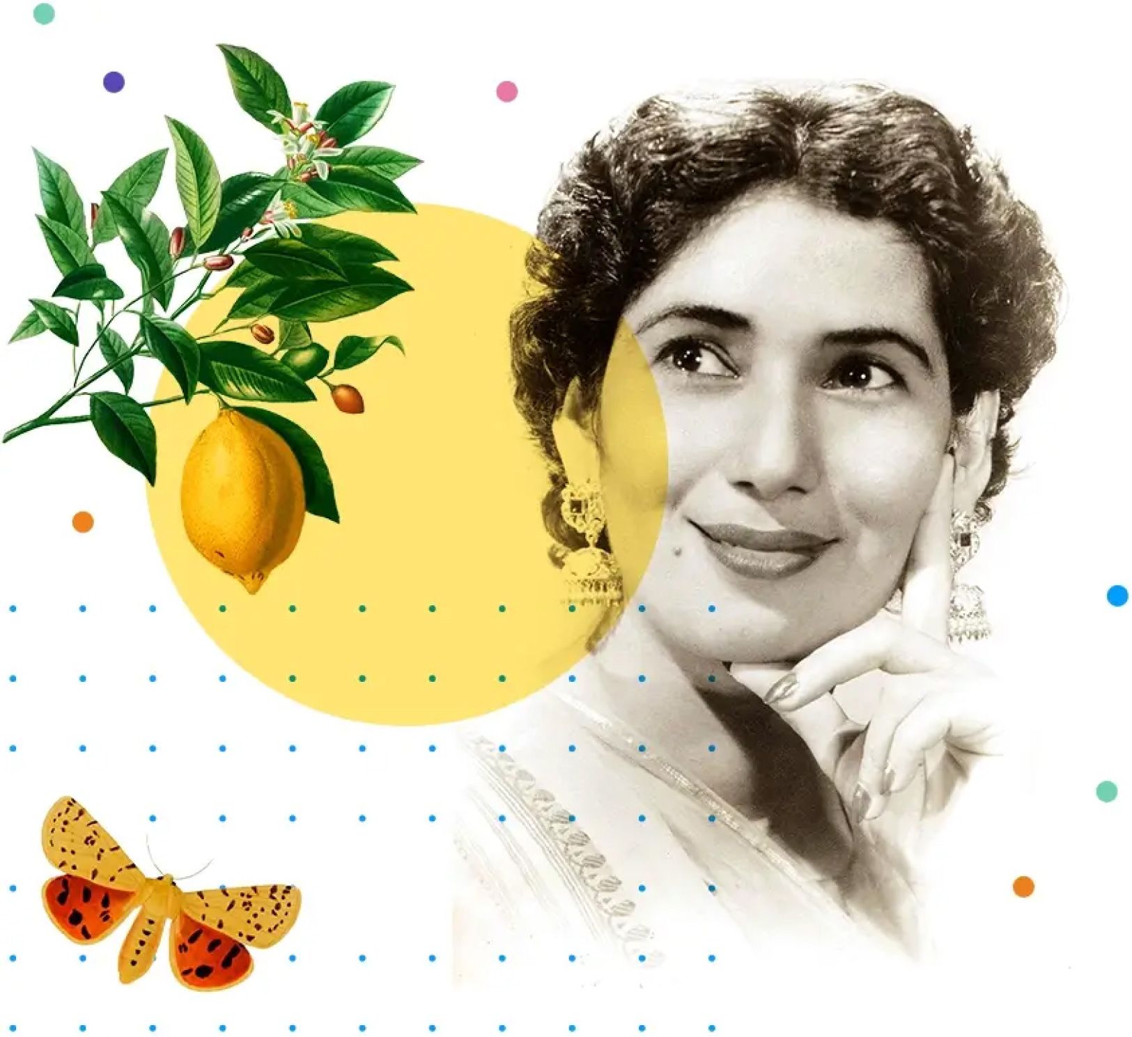 Archive portrait of a woman in a collage with a lemon branch and a moth.