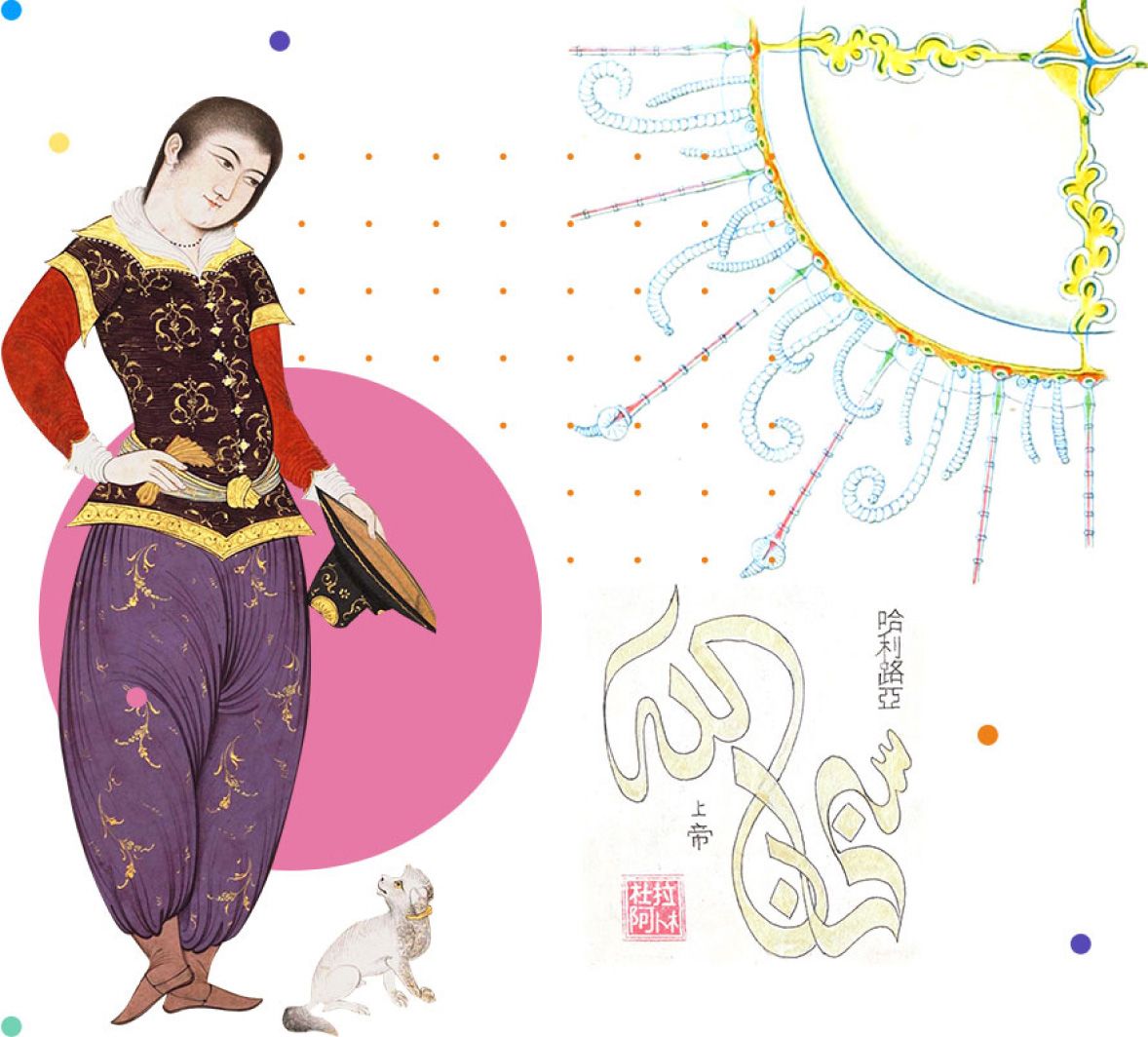 Collage of a historical painting of a young man in embroidered clothing, with a decorative sun and Arabic and Chinese calligraphy
