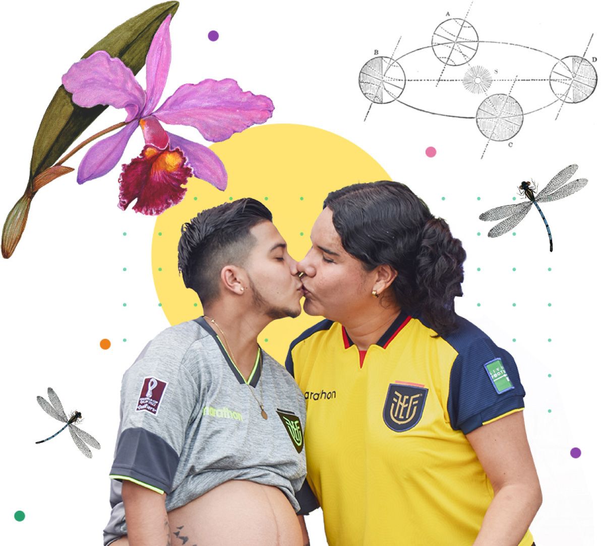 Two people in football shirts kissing, in a colourful collage