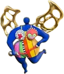 Colourful sculpture of a blue figure with golden wings