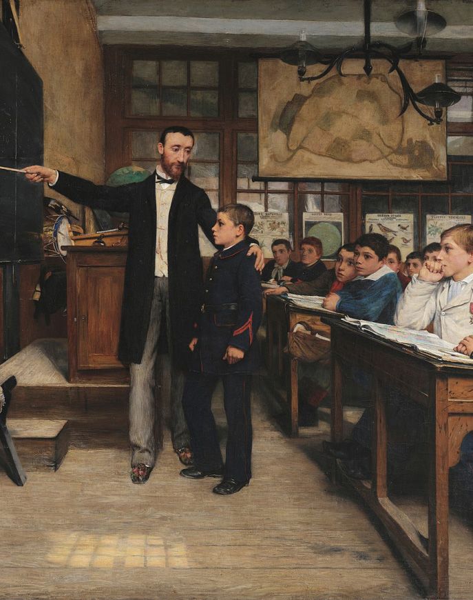 Painting of a 19th-century classroom with teacher and pupils present