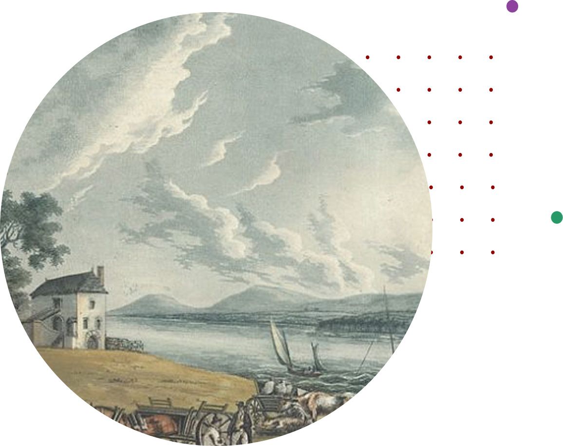 Historical painting of a white house on a shore, with a sailing boat, cattle and hills across the water