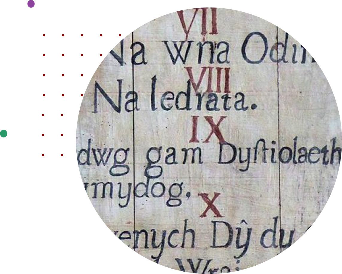 Old painted board with handwritten Welsh text and red Roman numerals