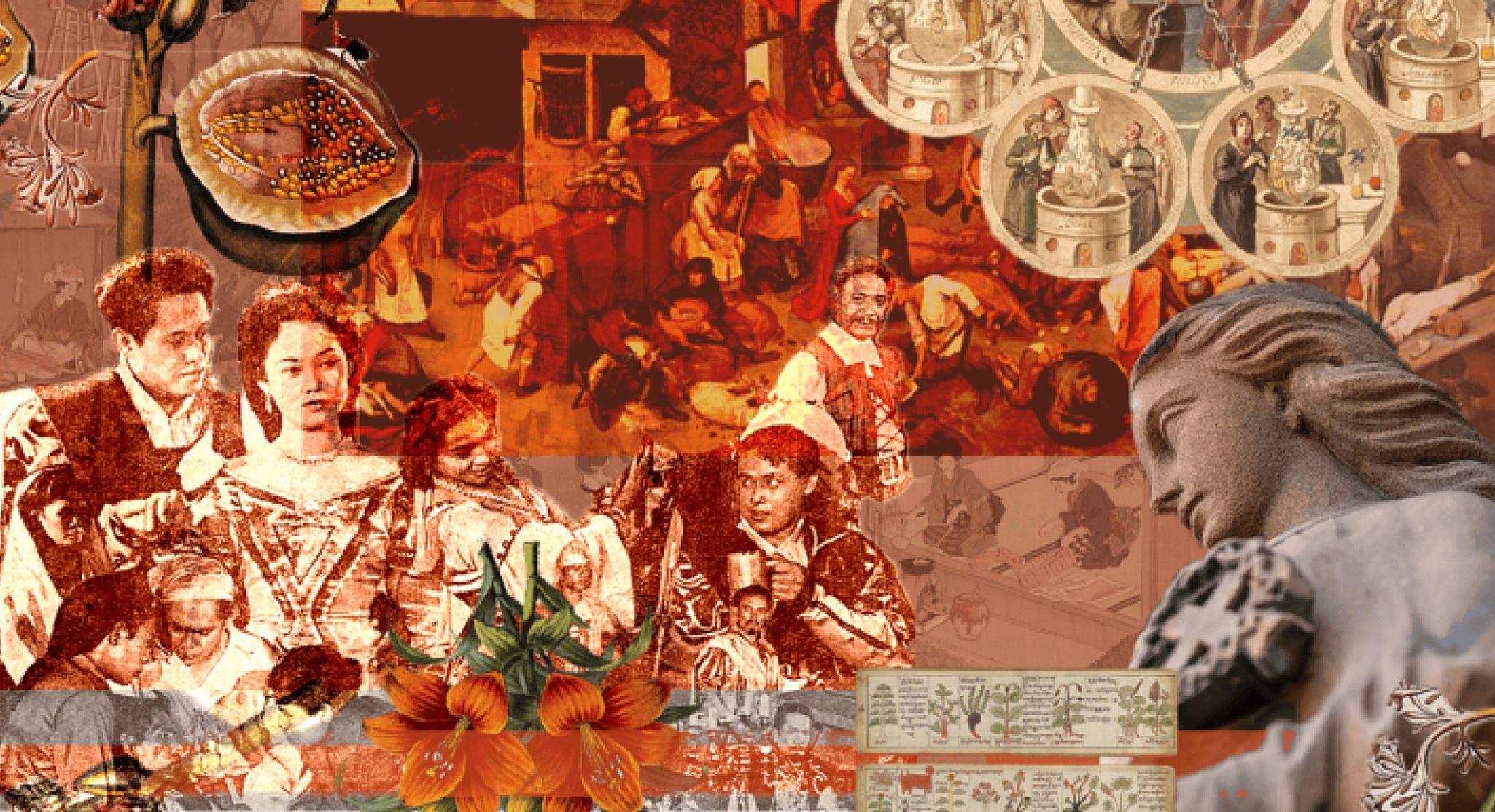 Collage of historical paintings, archive photos and botanical illustrations in warm orange tones