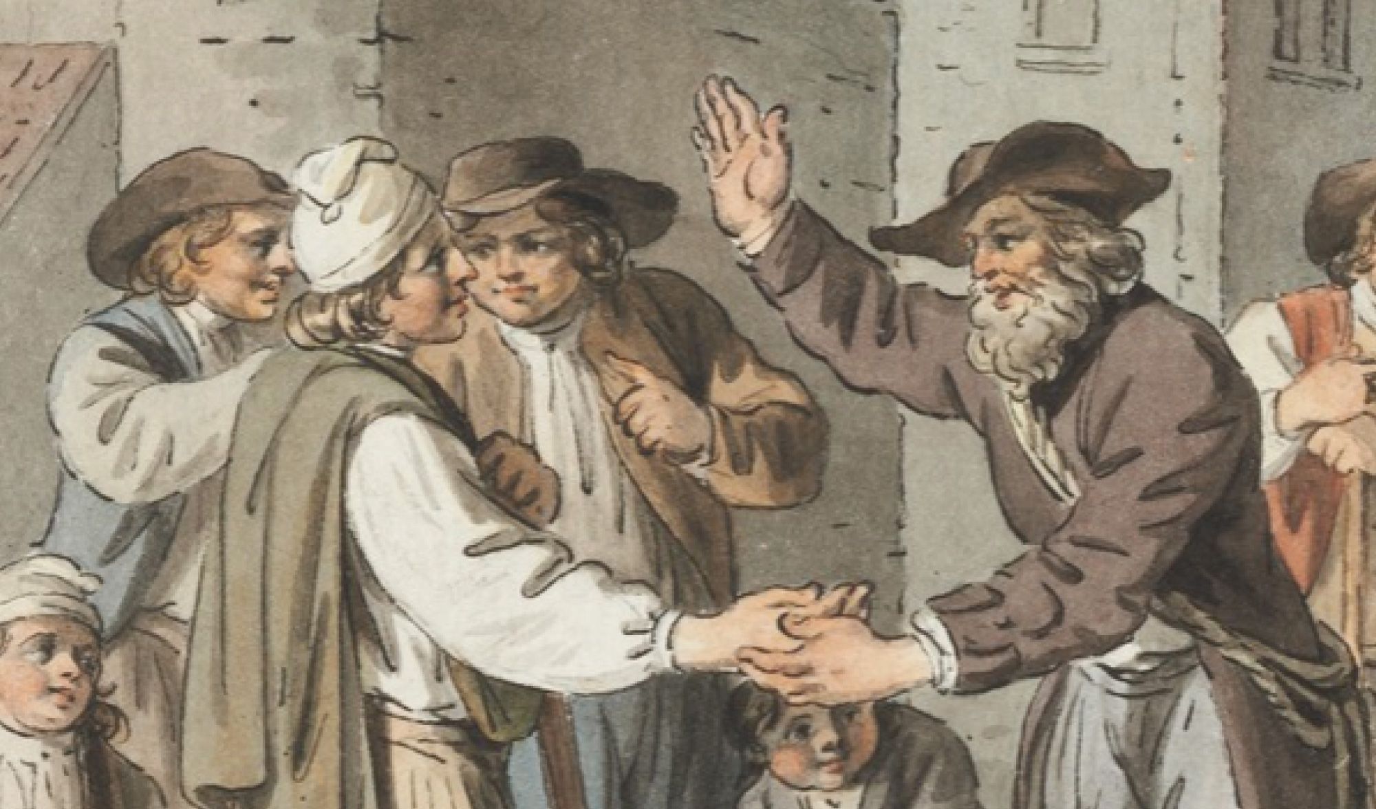 Historical illustration of two men shaking hands as onlookers watch
