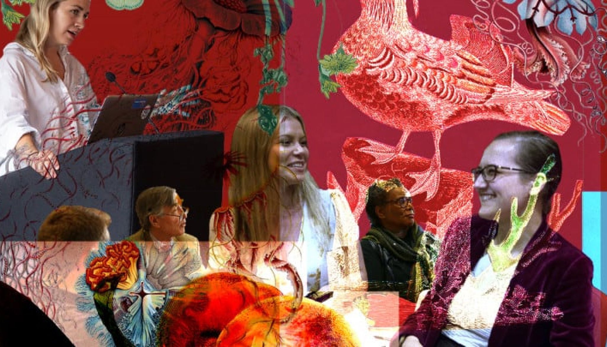 A collage of various people, animals and plants