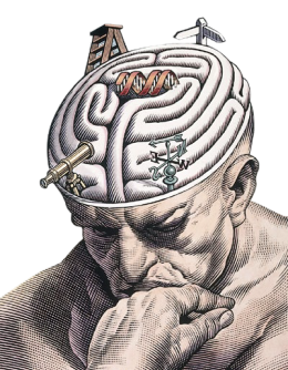 A thinking figure with a maze on top of their head