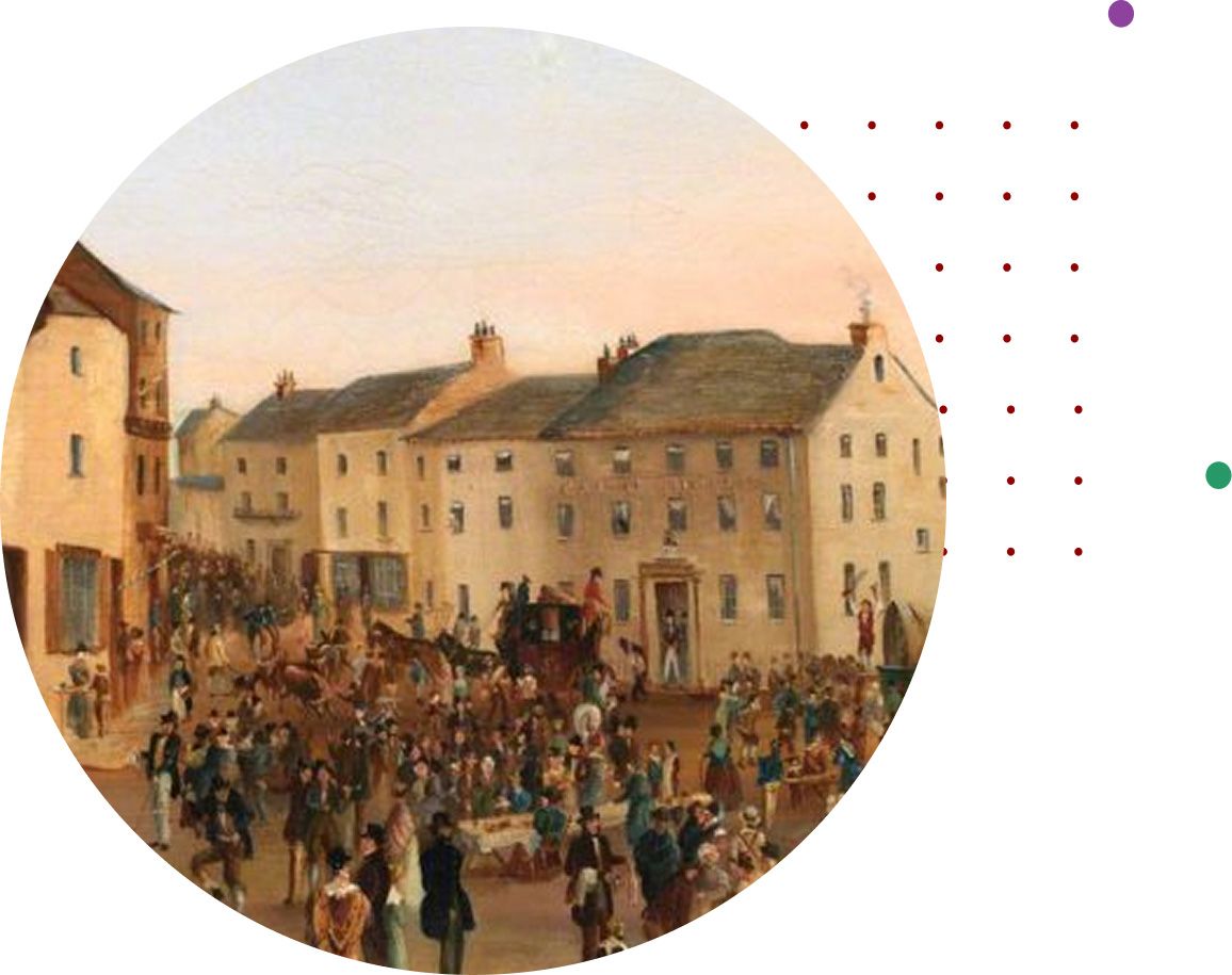 Historical painting of a busy town street crowded with people and a horse-drawn coach