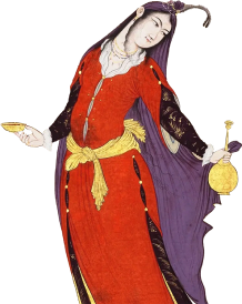 Medieval-style illustration of a woman in a red gown and purple cloak